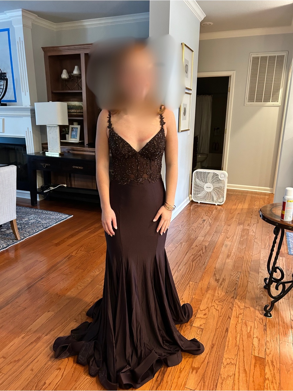 Beaded Brown (Espresso) Prom Gown with Spaghetti Straps